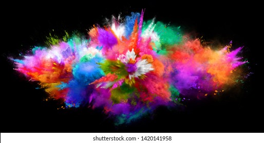 Explosion of cloudy red, green and blue powder on black background. Freeze motion of color powder exploding. 3D Illustration