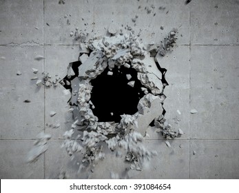 Explosion, Cracked Concrete Wall, Bullet Hole, Destruction, Abstract 3d Background