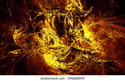 Explosion of igneous particles, hearth or blazing underworld. Fantastic abstract golden illustration. Far space, galaxies and big bang. In the middle of the fire. Red hot plasma or lava ejection.	
