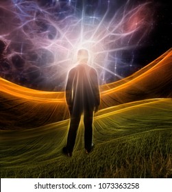 Explosion of imagination. Man stands in green field. 3D rendering