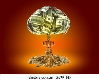 Explosion Of Money On Red Background - Economy Concept