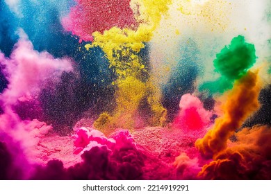 Explosion Of Multicolored Powder On Black Background, Minimalist, Freeze Frame Of The Movement In 3d Illustration