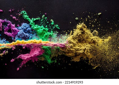 Explosion Of Multicolored Powder On Black Background, Minimalist, Freeze Frame Of The Movement In 3d Illustration