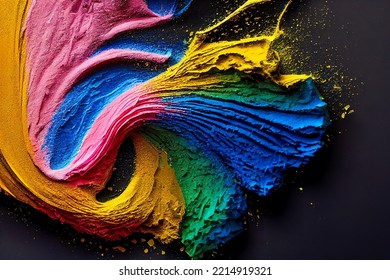 Explosion Of Multicolored Powder On Black Background, Minimalist, Freeze Frame Of The Movement In 3d Illustration