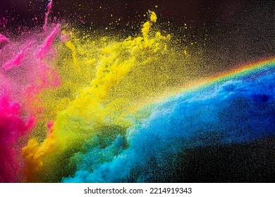 Explosion Of Multicolored Powder On Black Background, Minimalist, Freeze Frame Of The Movement In 3d Illustration