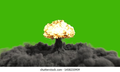 The Explosion Of A Nuclear Bomb. Realistic 3D  Of Atomic Bomb Explosion With Fire, Smoke And Mushroom Cloud In Front Of A Green Screen. 3D Rendering