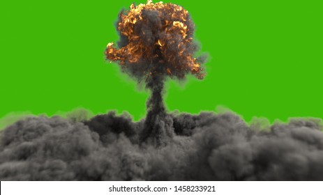 The Explosion Of A Nuclear Bomb. Realistic 3D  Of Atomic Bomb Explosion With Fire, Smoke And Mushroom Cloud In Front Of A Green Screen. 3D Rendering