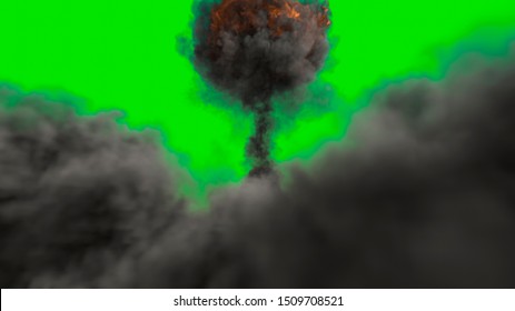 The Explosion Of A Nuclear Bomb. Realistic Atomic Bomb Explosion With Fire, Smoke And Mushroom Cloud In Front Of A Green Screen. 3D Rendering