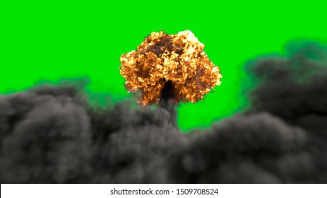 The Explosion Of A Nuclear Bomb. Realistic Atomic Bomb Explosion With Fire, Smoke And Mushroom Cloud In Front Of A Green Screen. 3D Rendering