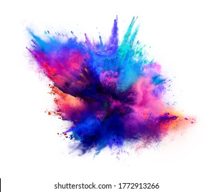 Explosion Of Pink And Blue Powder On White Background. Freeze Motion Of Color Powder Exploding. 3D Illustration