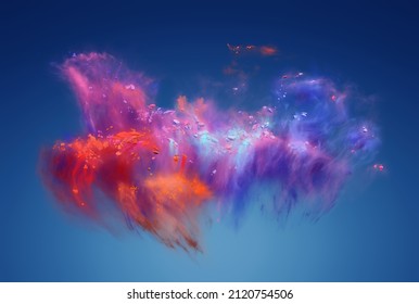 Explosion von rosafarbenem, blauem, rotem und orangefarbenem Pulver. Die Bewegung des Farbpulvers wird eingefroren. 3D-Illustration