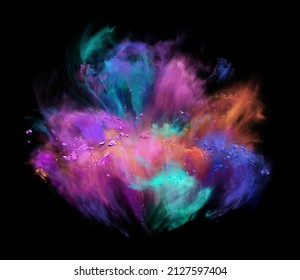 Explosion von Rosa, Orange; blaues und türkisfarbenes Pulver auf schwarzem Hintergrund. Die Bewegung des Farbpulvers wird eingefroren. 3D-Illustration