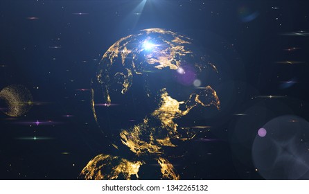 Explosion of stars in space. Planets in distant solar system in space.  Computer multicolored technological graphics. Digital illustration.