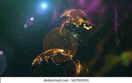 Explosion of stars in space. Planets in distant solar system in space.  Computer multicolored technological graphics. Digital illustration.