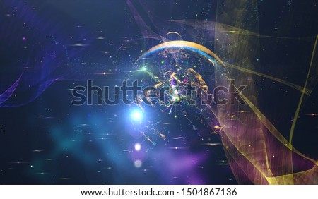 Explosion of stars in space. Planets in distant solar system in space.  Computer multicolored technological graphics. Digital illustration.