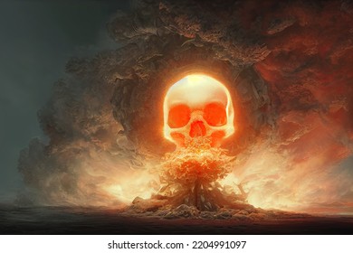 An Explosion In A Town's Skyline Produces A Skull-shaped Fire Mushroom Cloud In An Apocalyptic War. Nuclear Explosion With A Skull Face War. 3D Digital Illustration. Halloween Theme