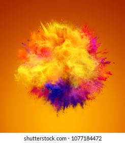 Explosion Of Yellow, Red And Blue Powder. Freeze Motion Of Color Powder Exploding. 3D Illustration