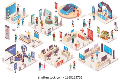Expo center and trade show exhibition product display stands, isometric icons. Promo trade exposition demo stands and showcase booth racks or information desks, visitors and consultants people