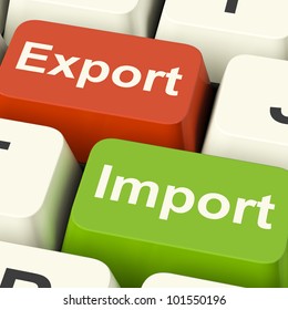 Export And Import Keys Shows International Trade Or Global Commerce Of Commodities And Freight. Includes Distribution Of Cargo, Customs Duty And Shipping.