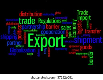 Export, word cloud concept on black background. 
