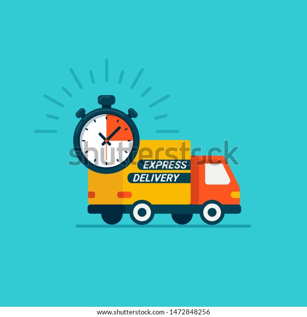 Express delivery service.\
Delivery by car or truck. Parcels Express delivery service. Flat\
style design truck icon and timer on blue background.\
illustration