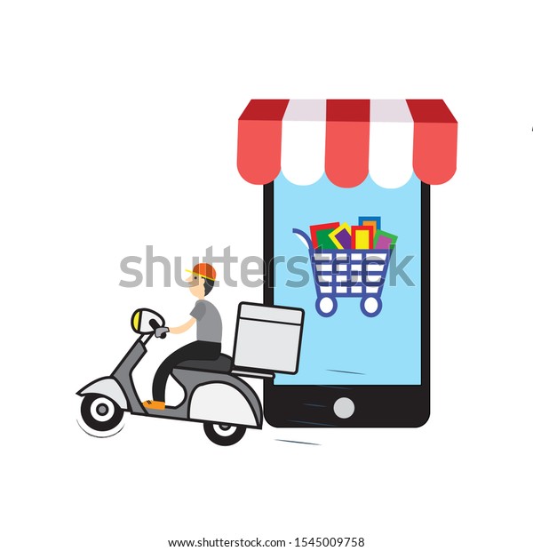 Express delivery service concept, fast\
time delivery order from mobile application with stopwatch by\
motorcycle with cardboard box on white\
background.