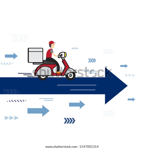 Express delivery service concept, fast time\
delivery order with stopwatch by motorcycle with cardboard box on\
arrow\
background.