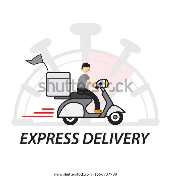 Express delivery service concept, fast time\
delivery order with stopwatch by motorcycle with cardboard box on\
white\
background.