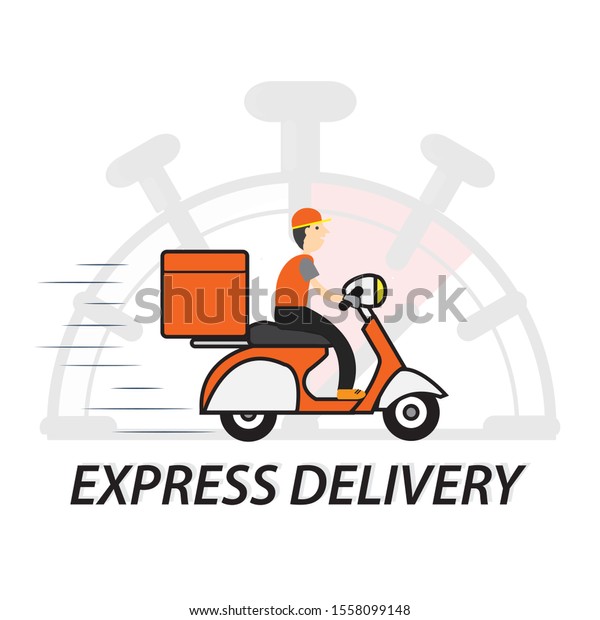 Express delivery service concept, fast\
time delivery order from mobile application with stopwatch by\
motorcycle with cardboard box on white\
background.