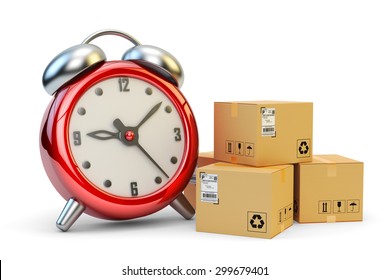 Express, Just In Time And High Speed Packages Delivery Concept, Cardboard Boxes And Red Alarm Clock Isolated On White Background