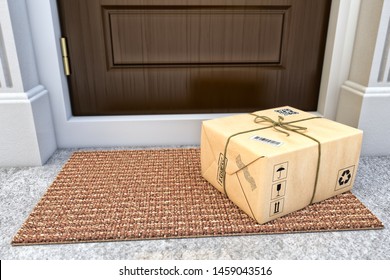 Express Package Delivery Service Concept, Parcel Box Wrapped In Craft Paper On The Door Mat Near The Entrance Door, 3d Illustration