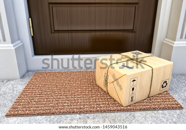 Express package delivery service concept,\
parcel box wrapped in craft paper on the door mat near the entrance\
door, 3d\
illustration