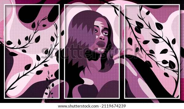 Expressionist art panel in purple tones with a portrait of a woman and curved branches with leaves. Three images in white thin frames. Author's work. 