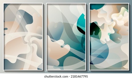 Expressionist Triptych In Pastel Colors. Overlapping Abstract Shapes With Wavy Edges Form A Mottled Surface. Three Images In White Thin Frames. 