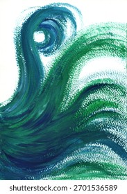 An expressive abstract image executed with thick, broad brushstrokes of paint. The composition is dominated by large, curved forms reminiscent of waves, a whirlpool, or seaweed. 