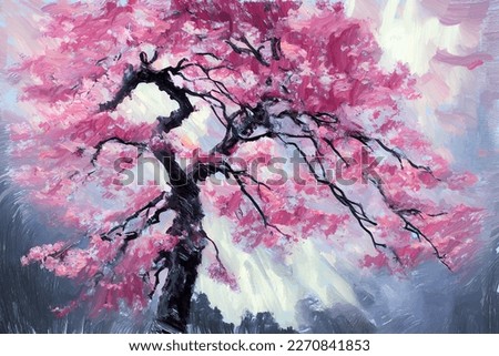 Expressive bright painting sketch of lush blooming japanese pink sakura cherry tree in full blossom. My own digital art illustration for spring season.