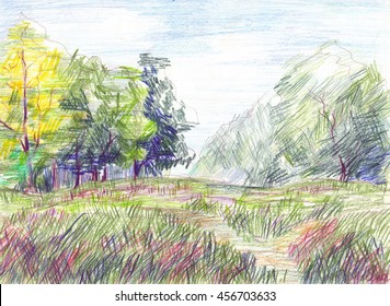 Expressive colorful handdrawn trees near the forest  Color pencil drawing