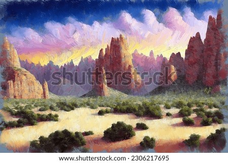 Expressive colorful oil painting sketch of bizarre desert landscape with sand hills and canyon mountains under dramatic cloudy sky. My own digital art illustration of fictional barren planet.