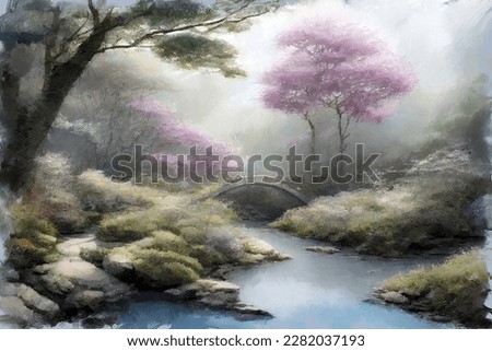 Expressive impressionist oil painting of lush blooming spring japanese garden with pink sakura cherry tree in full blossom and bridge over calm river. My own digital art illustration landscape.