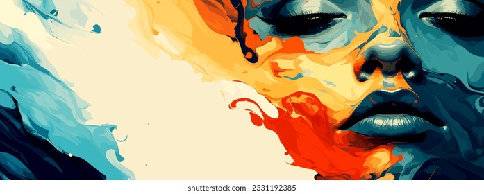 Expressive material vector banners, featuring strong, militant female faces. Harmonized with abstract backgrounds. Ample text space. Ideal for web use.