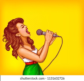 Expressive singing woman with microphone in hands pop art illustration with copyspace. Karaoke signer, musical band vocalist, pop star pin up portrait for party, concert or musical event ad - Powered by Shutterstock