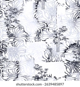 An expressive and unique seamless background featuring abstract organic floral shapes and delicate bamboo illustrations. Perfect for textiles, digital papers, and sophisticated designs.
