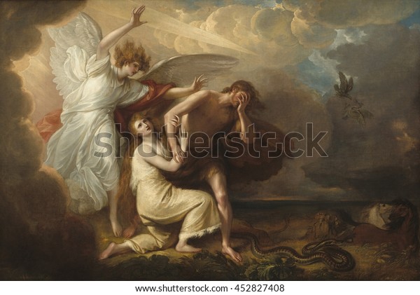 The Expulsion of Adam and Eve from Paradise,
1791, by Benjamin West, by Anglo-American painting, oil on canvas.
Archangel Michael expels Adam and Eve, who wear coats of skins'
from Eden. The
serpent,
