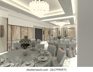 Exquisite 3D restaurant dining interior showcasing modern semi-contemporary design. The space features elegant dining arrangements, decorative lighting elements, and diverse wall panel treatments. 