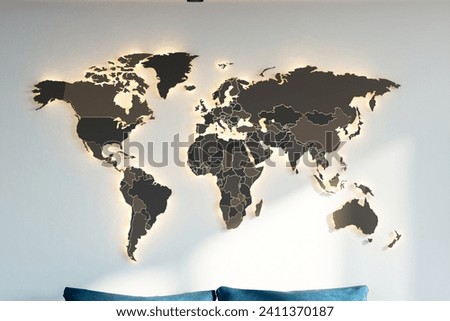 An exquisite 3D wall art featuring a world map in a metallic finish, ideal for enhancing the ambiance of modern living spaces or corporate environments.