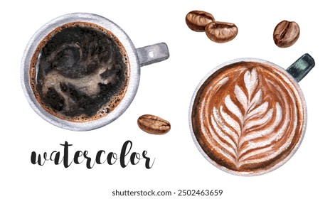 An exquisite Coffee Art Watercolor Illustration top view that beautifully features coffee beans - Powered by Shutterstock