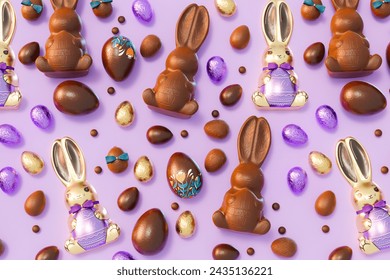 Exquisite collection of assorted milk and dark chocolate Easter bunnies paired with vibrantly decorated eggs, presented on a lush purple background to celebrate the joyous spring holiday. - Powered by Shutterstock