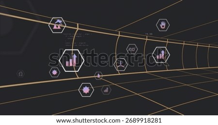 Extending tunnel converging in data corridor, with hexagonal panels and CO₂ icons over yellow grid. Futuristic, technology, innovation, digital, abstract, data visualization, geometric