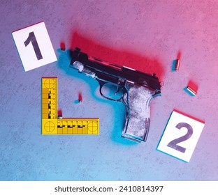 An extensive forensic crime scene layout captured from above, featuring a strategically dispersed array of evidence markers pinpointing bullets and a handgun amongst other crucial investigative items.