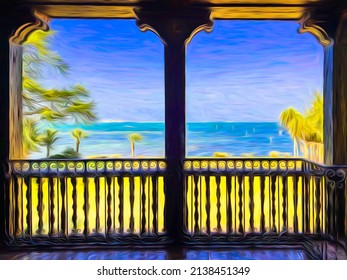 Extensive Framed View From Balcony Of 20th Century Mansion In Mediterranean Revival Style On The National Register Of Historic Places, Sarasota, Florida. For Themes Of Architecture, Wealth, Travel.